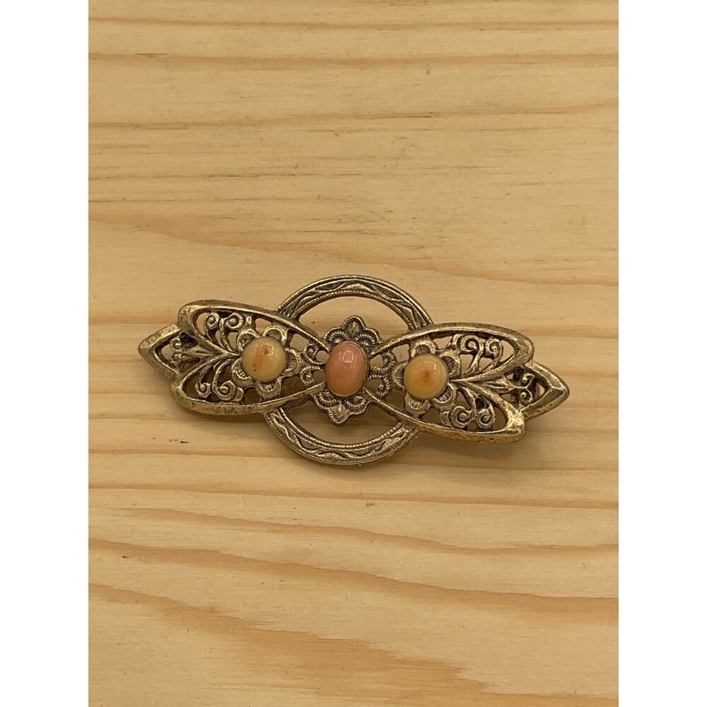 vintage Victorian revival open work gold tone brooch pink cream cabochons